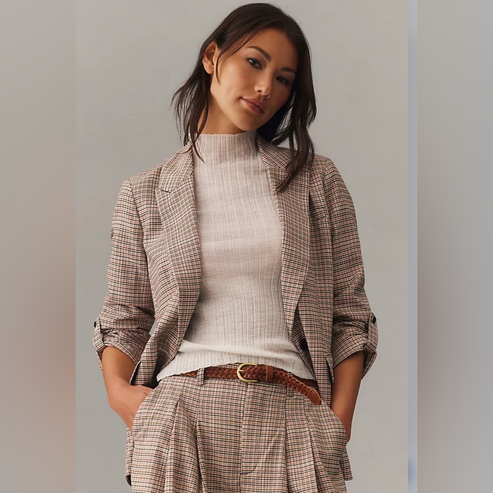 Anthropologie Plaid Blazer in Brown and Cream